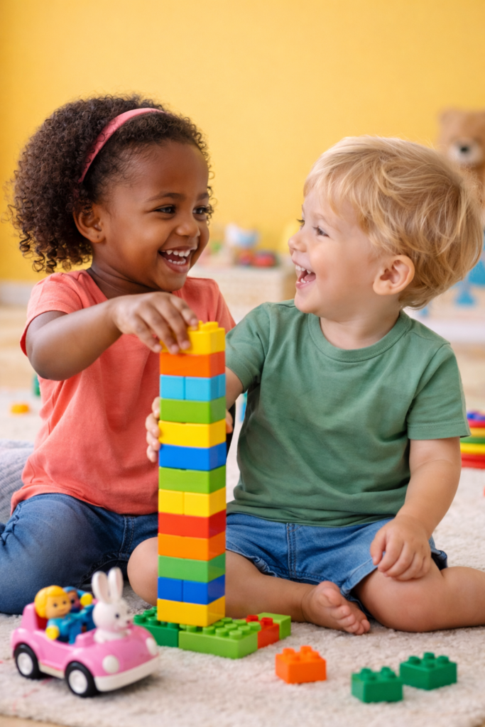 2 vrolijke kinderen met duplo spelend
