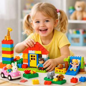 vrolijk meisje dat speelt met duplo